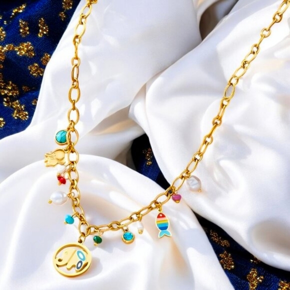 🆕18K Gold Plated Colorful Elephant Turquoise Fish Pearl Charm Necklace + Gift🎁 - Picture 10 of 15